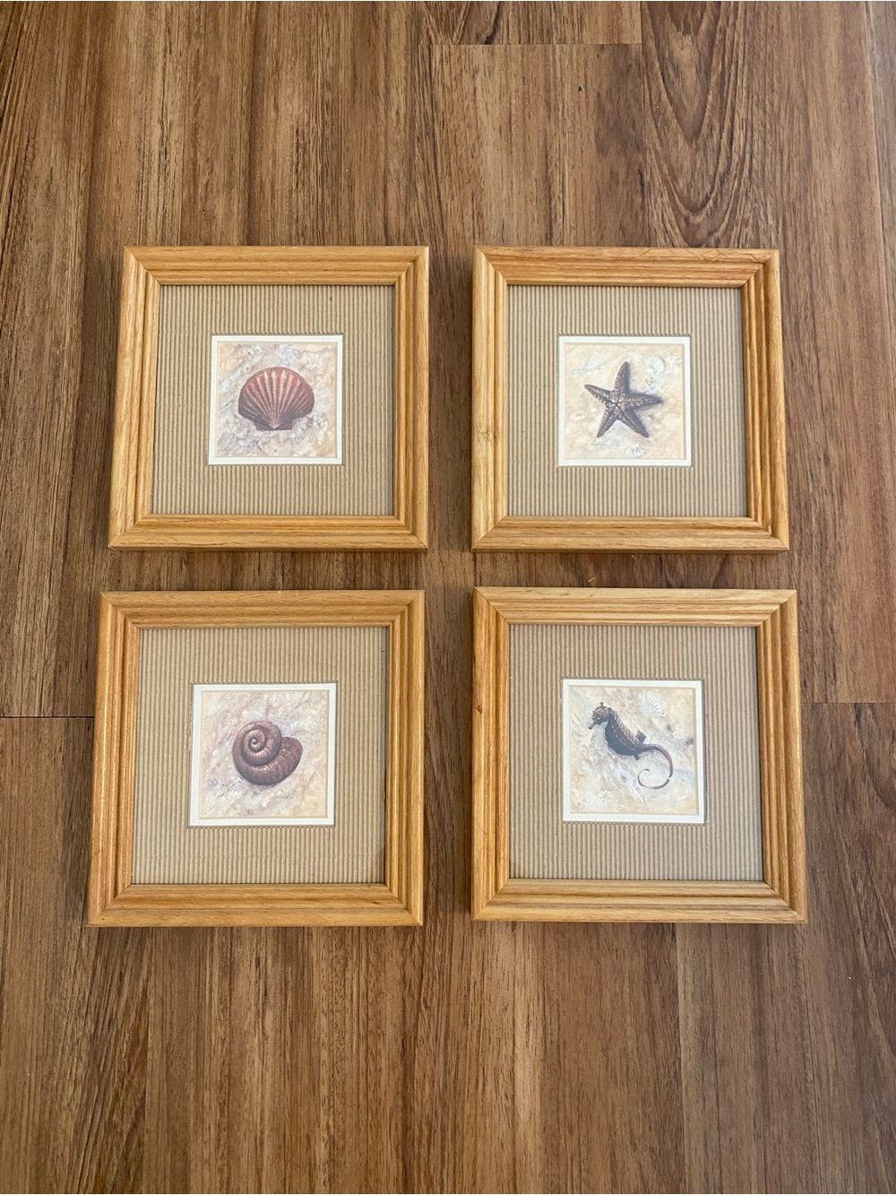 Coastal Motif Framed Wall Art - Natural Wood Finish (Set of 4)